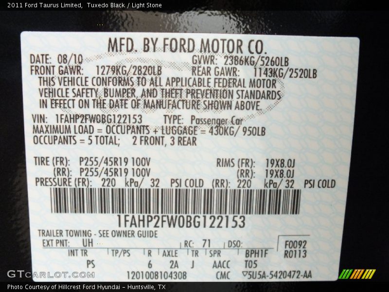2011 Taurus Limited Tuxedo Black Color Code UH