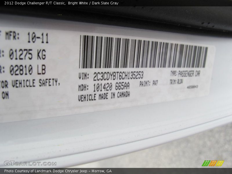 2012 Challenger R/T Classic Bright White Color Code PW7