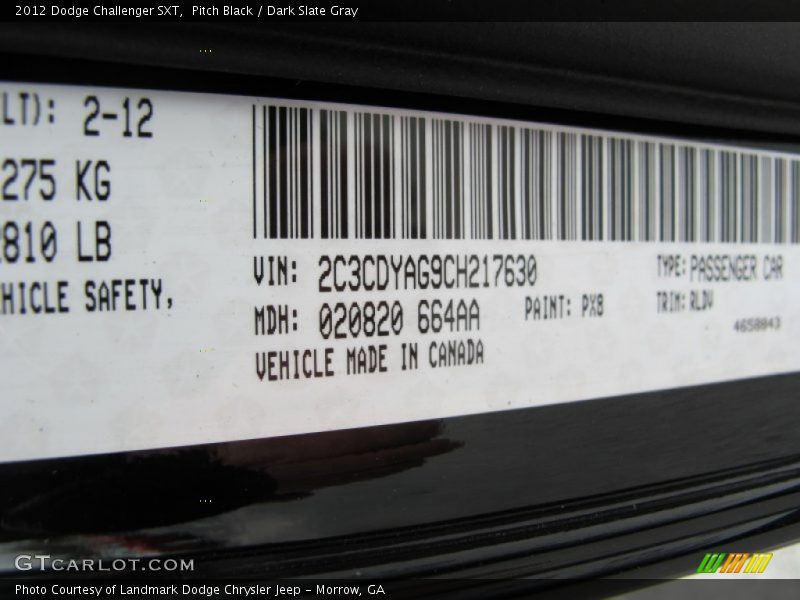 Pitch Black / Dark Slate Gray 2012 Dodge Challenger SXT