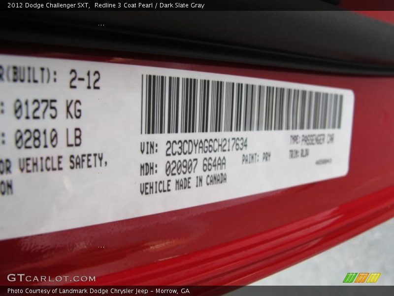 2012 Challenger SXT Redline 3 Coat Pearl Color Code PRY