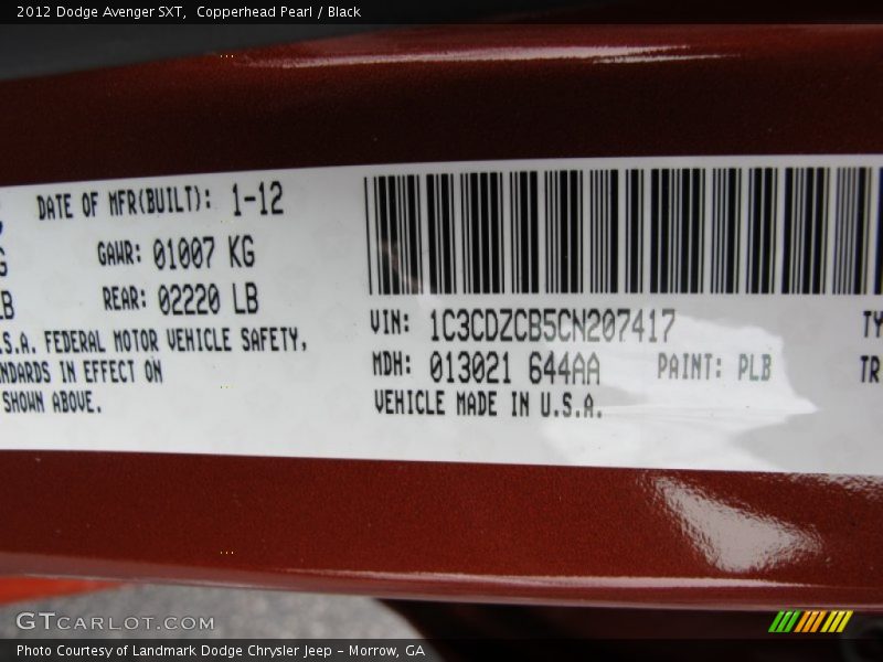 2012 Avenger SXT Copperhead Pearl Color Code PLB