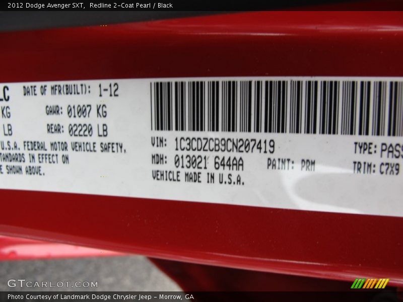 2012 Avenger SXT Redline 2-Coat Pearl Color Code PRM
