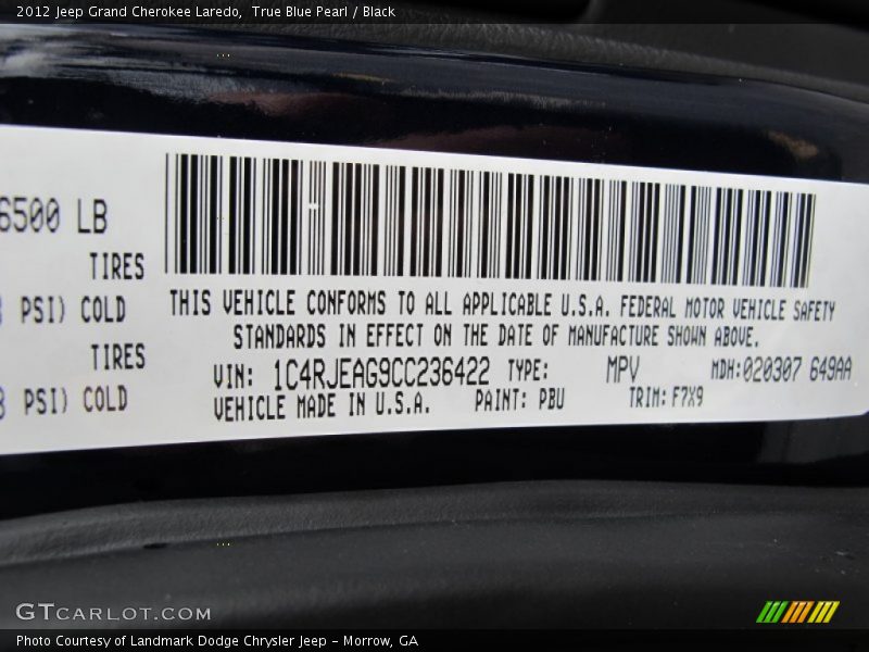 2012 Grand Cherokee Laredo True Blue Pearl Color Code PBU