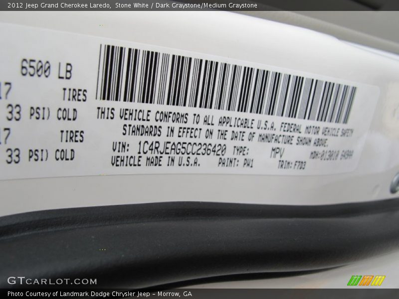 Stone White / Dark Graystone/Medium Graystone 2012 Jeep Grand Cherokee Laredo