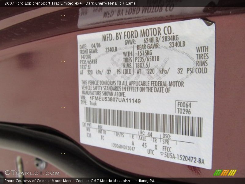 2007 Explorer Sport Trac Limited 4x4 Dark Cherry Metallic Color Code HH