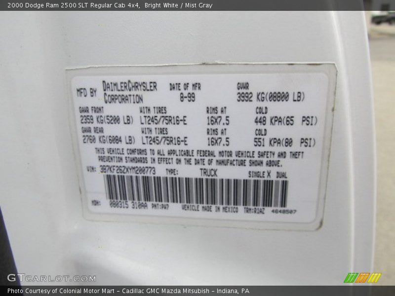 2000 Ram 2500 SLT Regular Cab 4x4 Bright White Color Code PW7