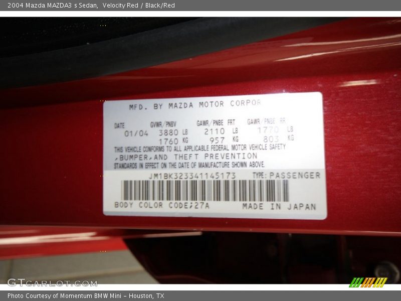 Velocity Red / Black/Red 2004 Mazda MAZDA3 s Sedan