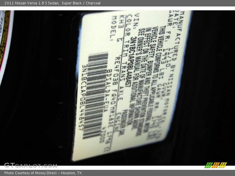 2011 Versa 1.8 S Sedan Super Black Color Code KH3
