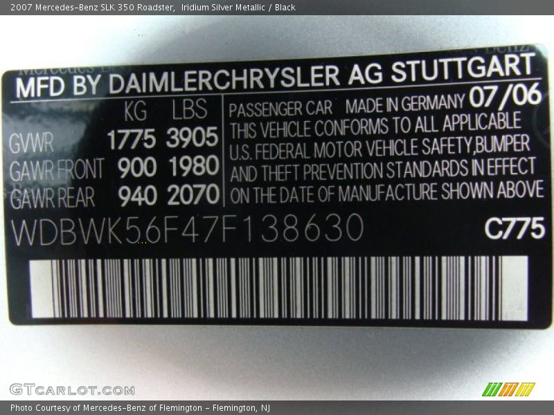 2007 SLK 350 Roadster Iridium Silver Metallic Color Code 775
