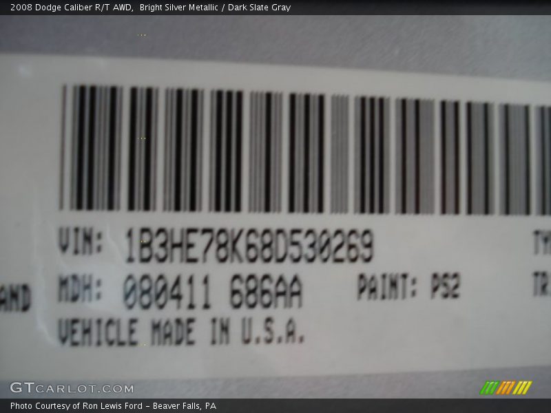 2008 Caliber R/T AWD Bright Silver Metallic Color Code PS2