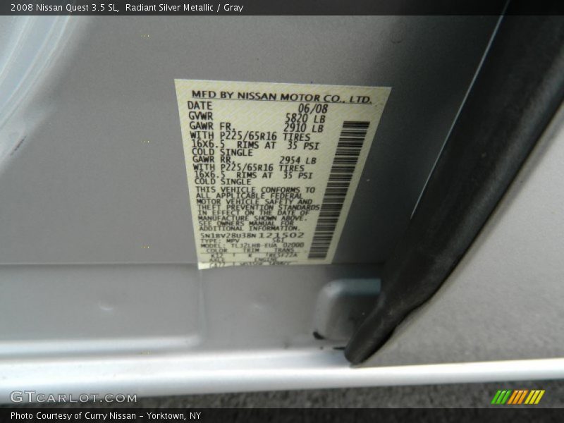 2008 Quest 3.5 SL Radiant Silver Metallic Color Code K12