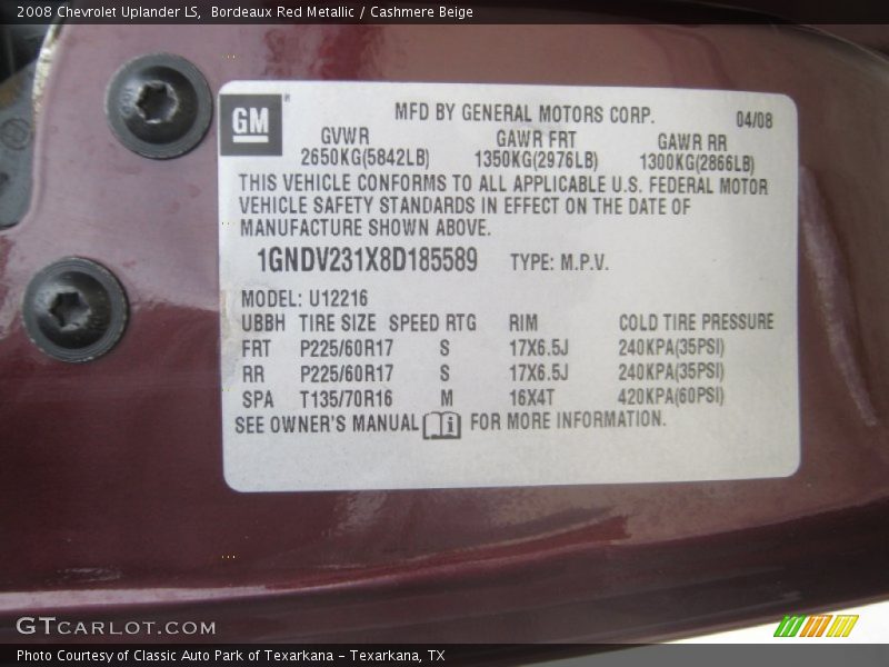 Bordeaux Red Metallic / Cashmere Beige 2008 Chevrolet Uplander LS