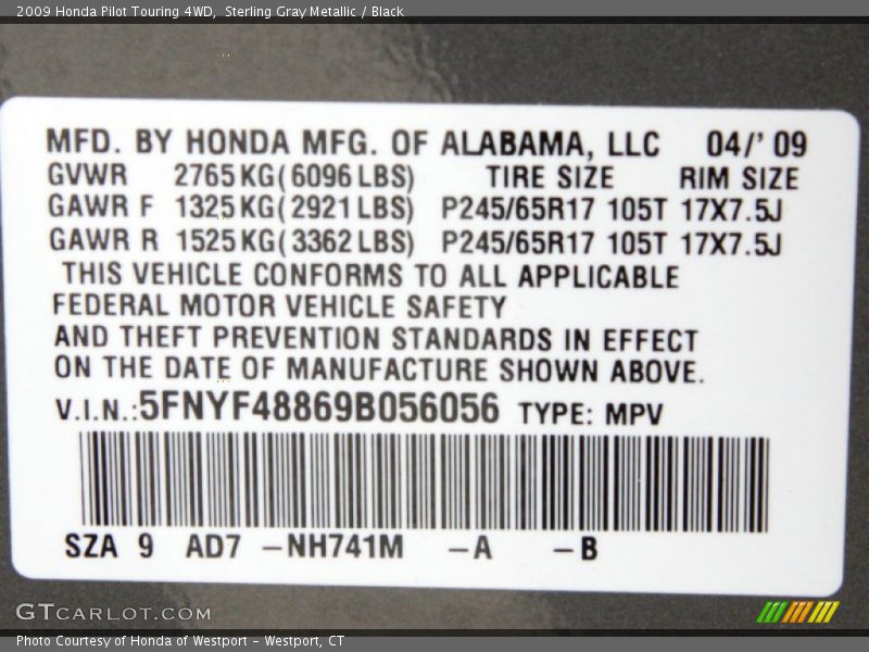 2009 Pilot Touring 4WD Sterling Gray Metallic Color Code NH741M