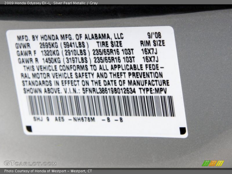 Silver Pearl Metallic / Gray 2009 Honda Odyssey EX-L