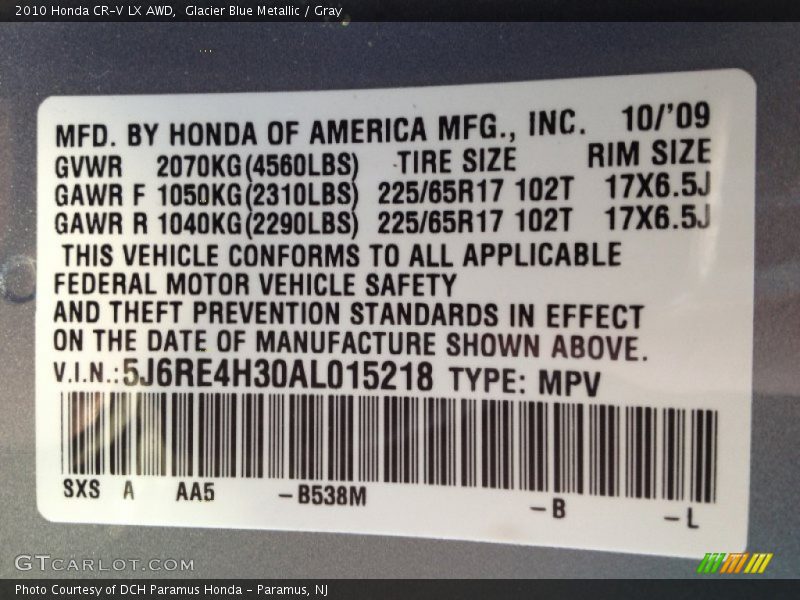 Glacier Blue Metallic / Gray 2010 Honda CR-V LX AWD