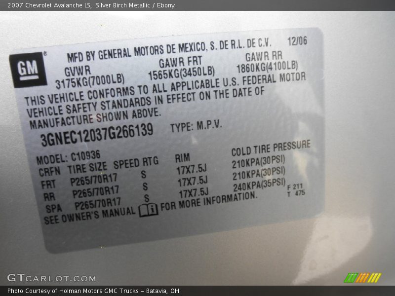 Silver Birch Metallic / Ebony 2007 Chevrolet Avalanche LS