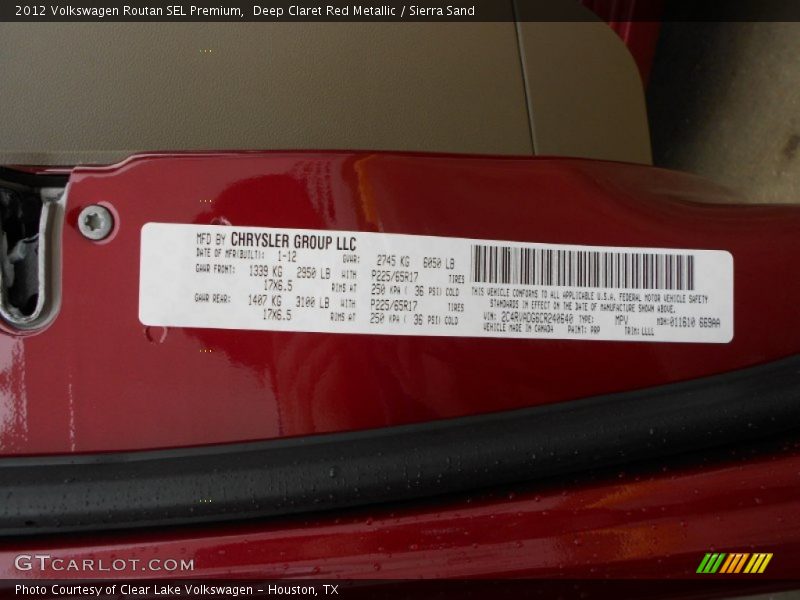 Deep Claret Red Metallic / Sierra Sand 2012 Volkswagen Routan SEL Premium
