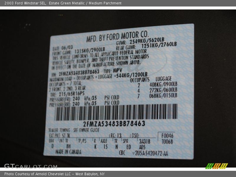 2003 Windstar SEL Estate Green Metallic Color Code ST