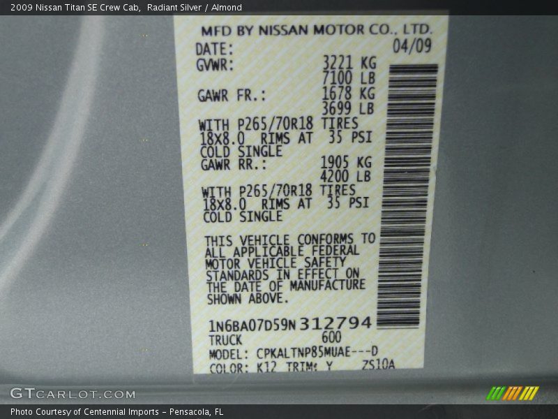 2009 Titan SE Crew Cab Radiant Silver Color Code K12