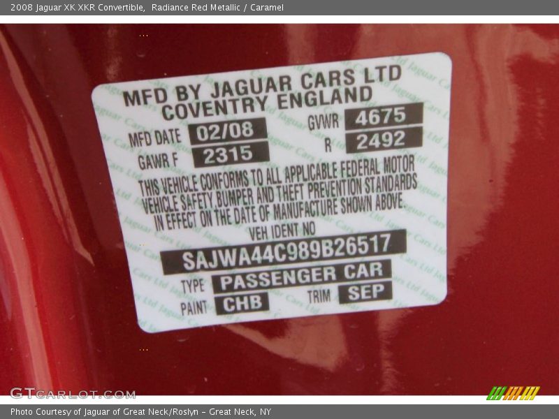 2008 XK XKR Convertible Radiance Red Metallic Color Code CHB