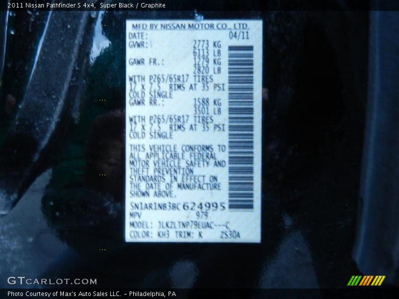 2011 Pathfinder S 4x4 Super Black Color Code KH3