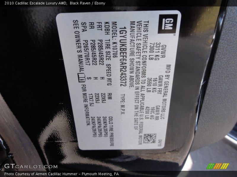 Black Raven / Ebony 2010 Cadillac Escalade Luxury AWD