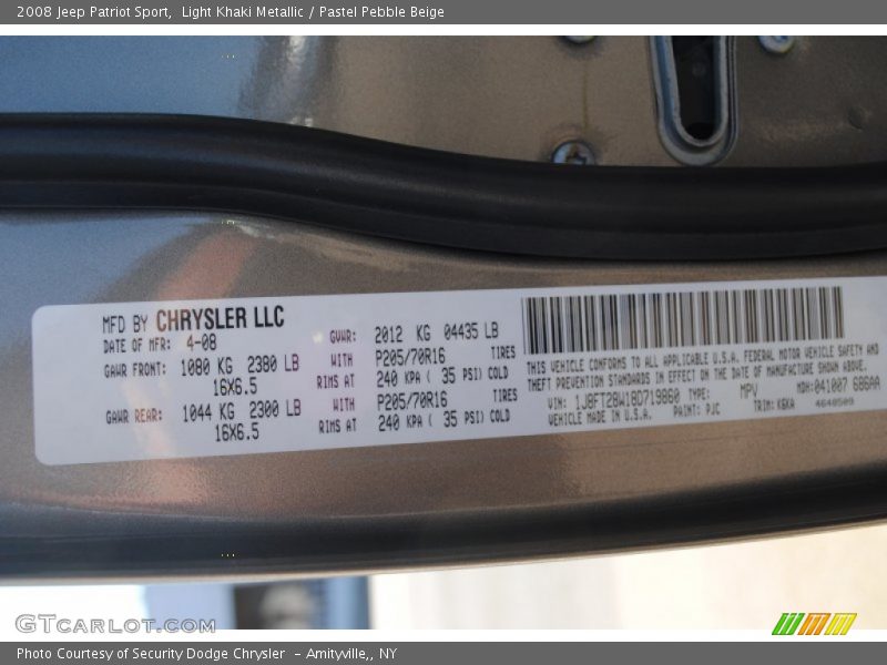 2008 Patriot Sport Light Khaki Metallic Color Code PJC
