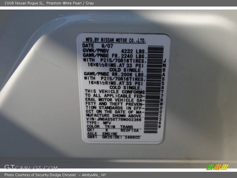 2008 Rogue SL Phantom White Pearl Color Code QX1