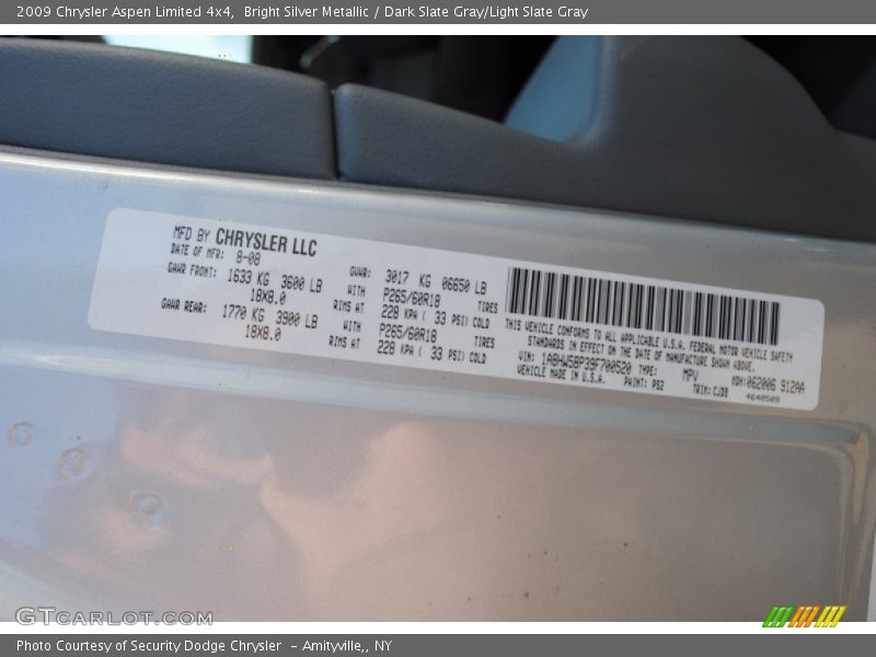 Bright Silver Metallic / Dark Slate Gray/Light Slate Gray 2009 Chrysler Aspen Limited 4x4