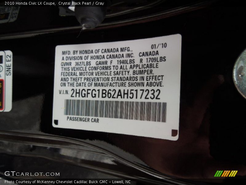 Crystal Black Pearl / Gray 2010 Honda Civic LX Coupe