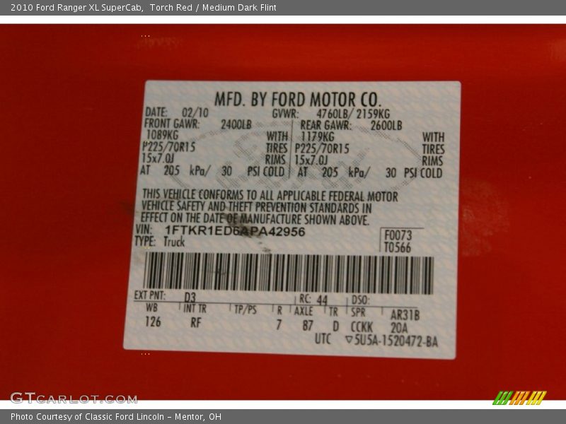 2010 Ranger XL SuperCab Torch Red Color Code D3
