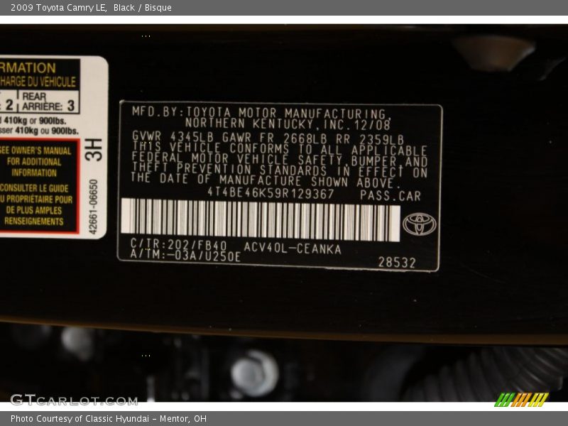 Black / Bisque 2009 Toyota Camry LE