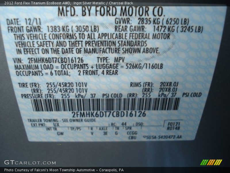 2012 Flex Titanium EcoBoost AWD Ingot Silver Metallic Color Code UX