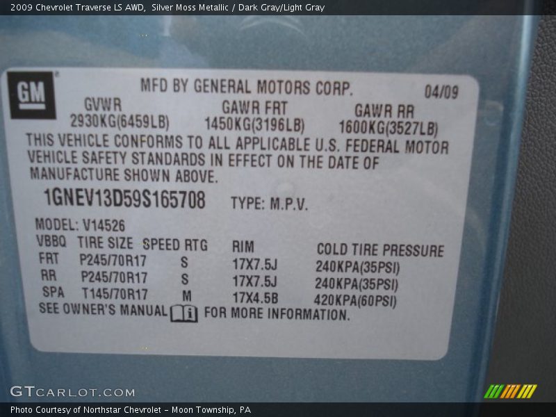 Silver Moss Metallic / Dark Gray/Light Gray 2009 Chevrolet Traverse LS AWD