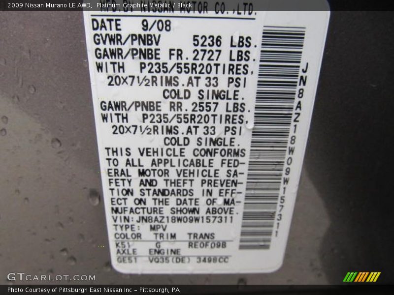 2009 Murano LE AWD Platinum Graphite Metallic Color Code K51
