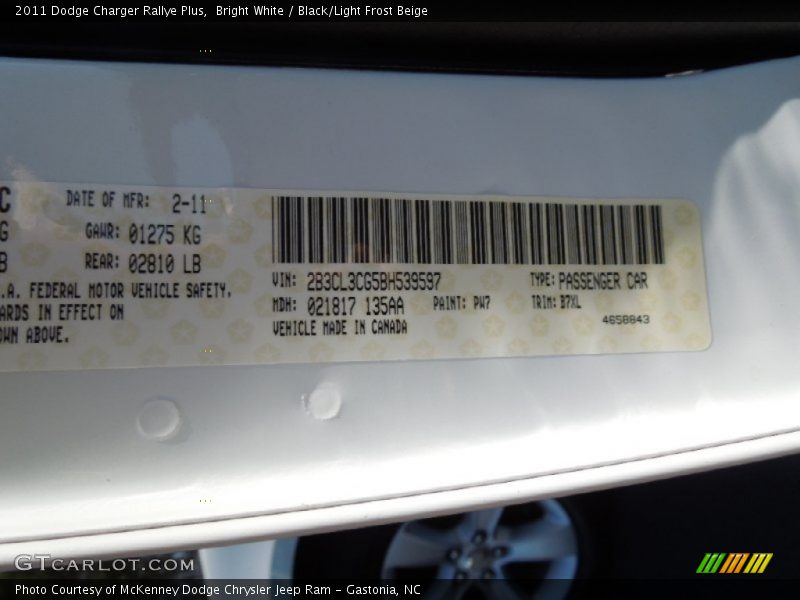 2011 Charger Rallye Plus Bright White Color Code PW7