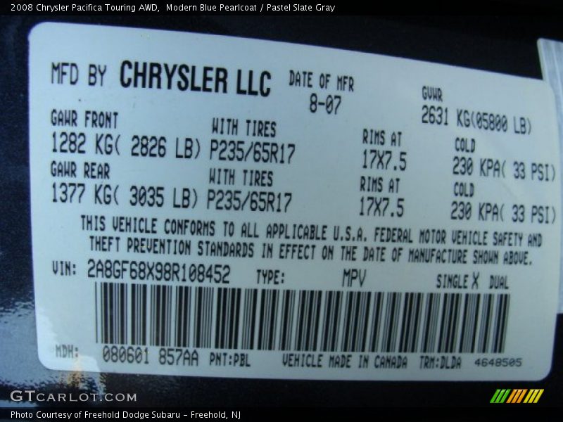 Modern Blue Pearlcoat / Pastel Slate Gray 2008 Chrysler Pacifica Touring AWD