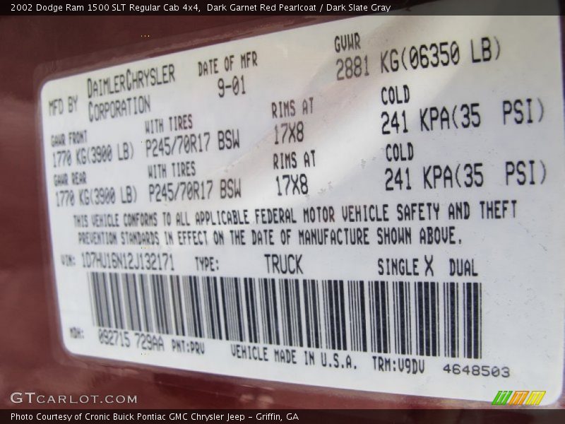 2002 Ram 1500 SLT Regular Cab 4x4 Dark Garnet Red Pearlcoat Color Code PRV