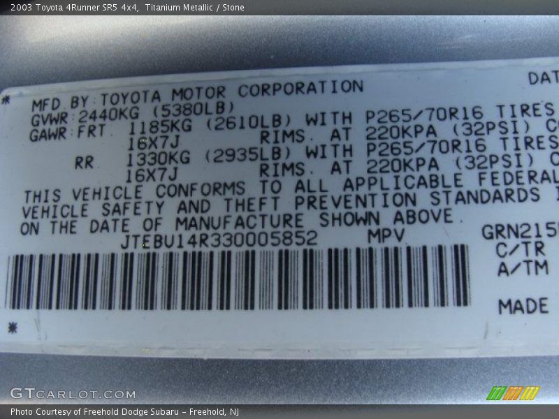 Titanium Metallic / Stone 2003 Toyota 4Runner SR5 4x4