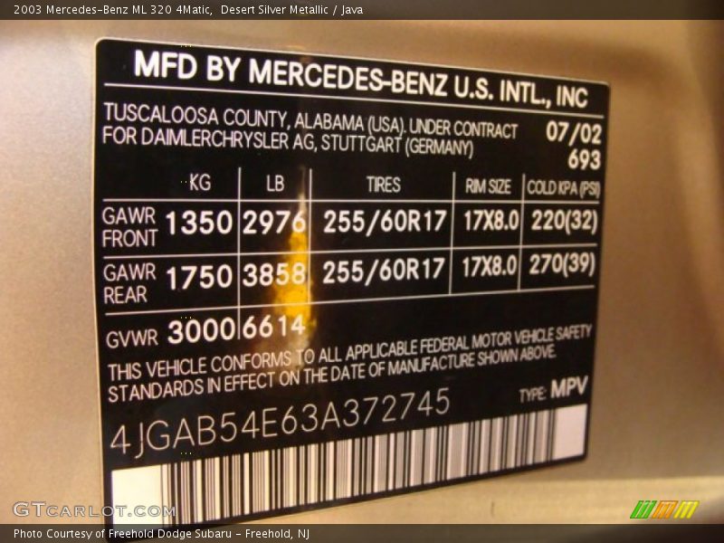 2003 ML 320 4Matic Desert Silver Metallic Color Code 693