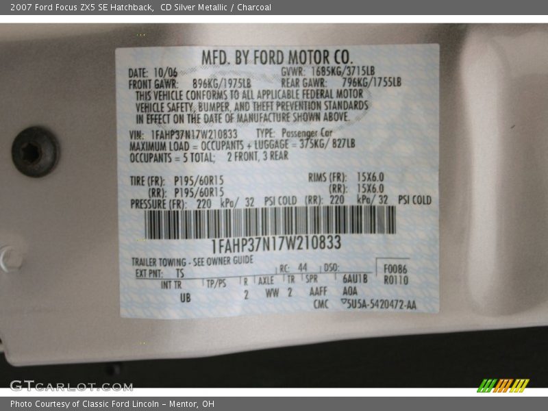 CD Silver Metallic / Charcoal 2007 Ford Focus ZX5 SE Hatchback