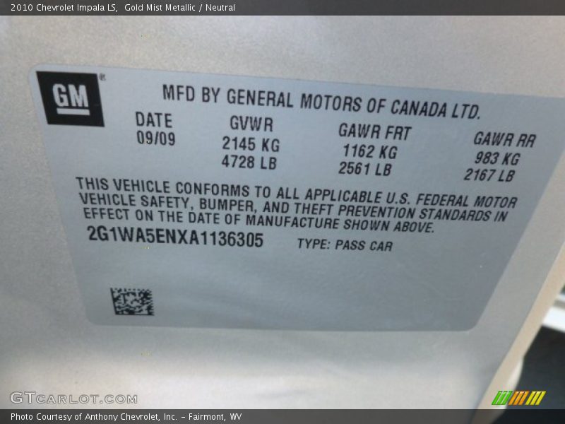 Gold Mist Metallic / Neutral 2010 Chevrolet Impala LS
