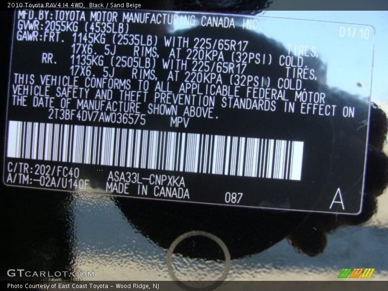 2010 RAV4 I4 4WD Black Color Code 202