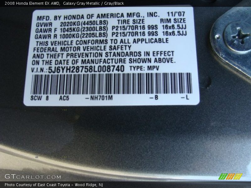 2008 Element EX AWD Galaxy Gray Metallic Color Code NH701M