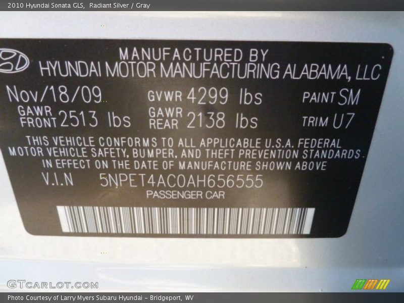 Radiant Silver / Gray 2010 Hyundai Sonata GLS