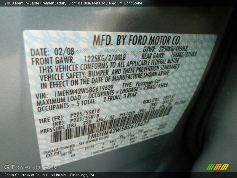 Light Ice Blue Metallic / Medium Light Stone 2008 Mercury Sable Premier Sedan