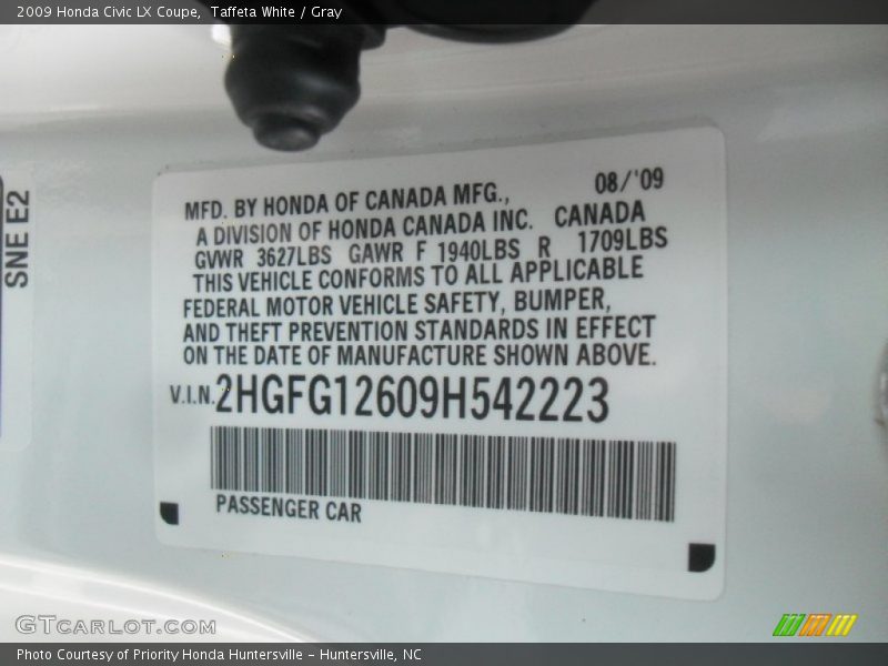 Taffeta White / Gray 2009 Honda Civic LX Coupe