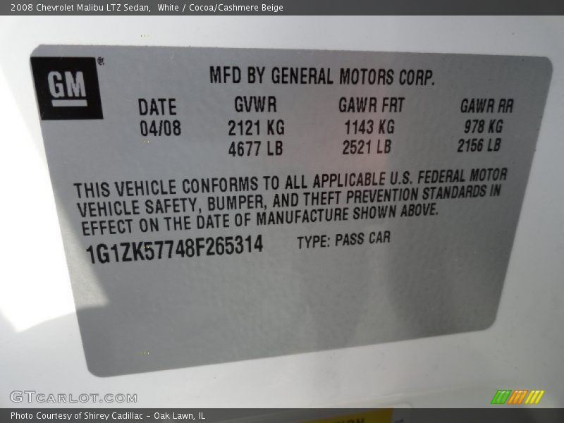 White / Cocoa/Cashmere Beige 2008 Chevrolet Malibu LTZ Sedan
