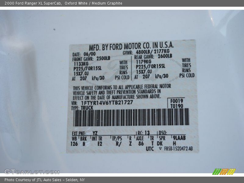 2000 Ranger XL SuperCab Oxford White Color Code YZ