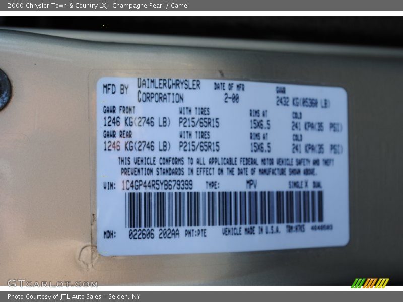 2000 Town & Country LX Champagne Pearl Color Code PTE